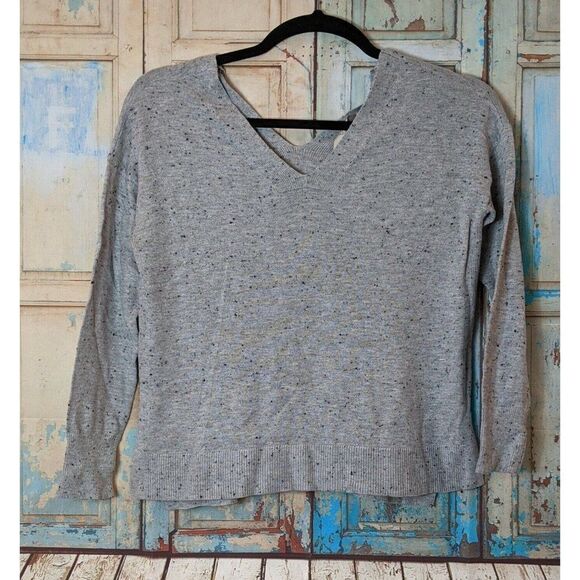 Loft Womens Size Small Gray Speckled V Neck Tie Back Cropped Pullover Sweater - Picture 1 of 8